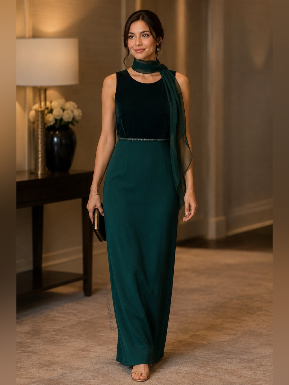 Vintage Emerald Green Velvet & Beaded Floor Length Dress